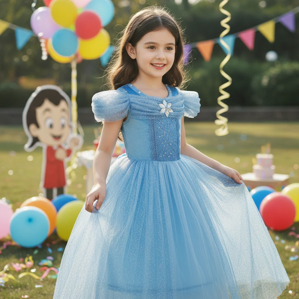 Charming Sky Blue Voluminous Princess Costume Snowflake for Little Girl Winter Holiday Celebrations and Magical Fairy Tale Party