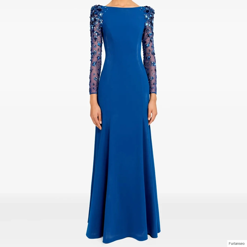 

A-line Women's Evening Dresses Floor-length Scoop-neck Full Sleeve Prom Gown Fashion Crystal Sequined Draped Customized Gowns