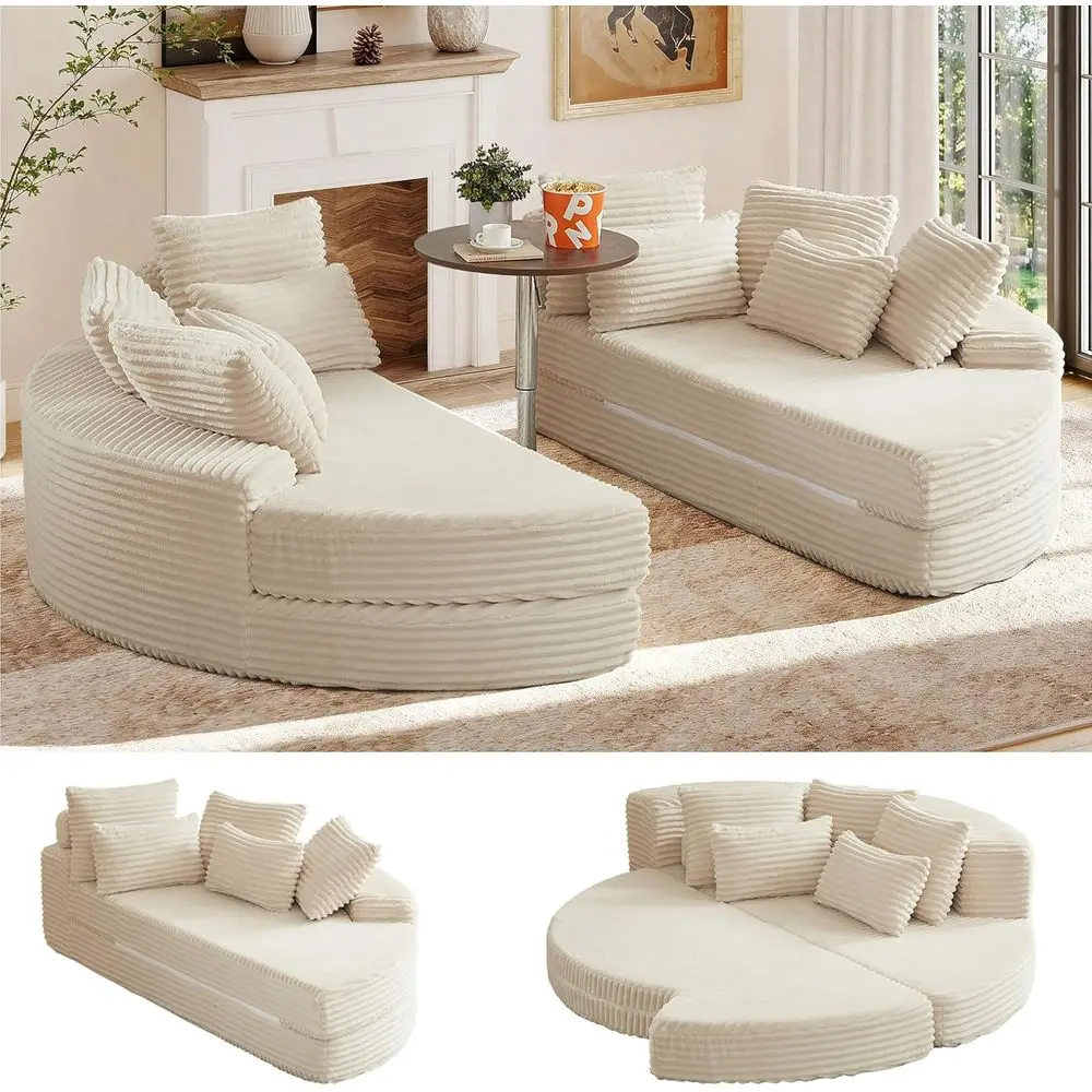 

Изогнутый шезлонг 78,5 дюймов для дома, обитый вельветом диван с 5 подушками, широкими подлокотниками, для гостиной или спальни, цвет бежевый