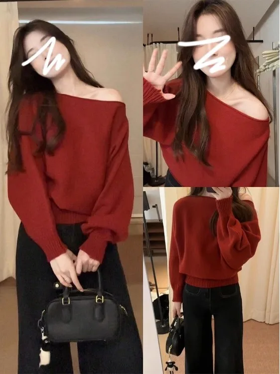 Ele vermelho malha um ombro camisola feminina faionable interior wear coreano sle outono inverno thiened longo sve topo