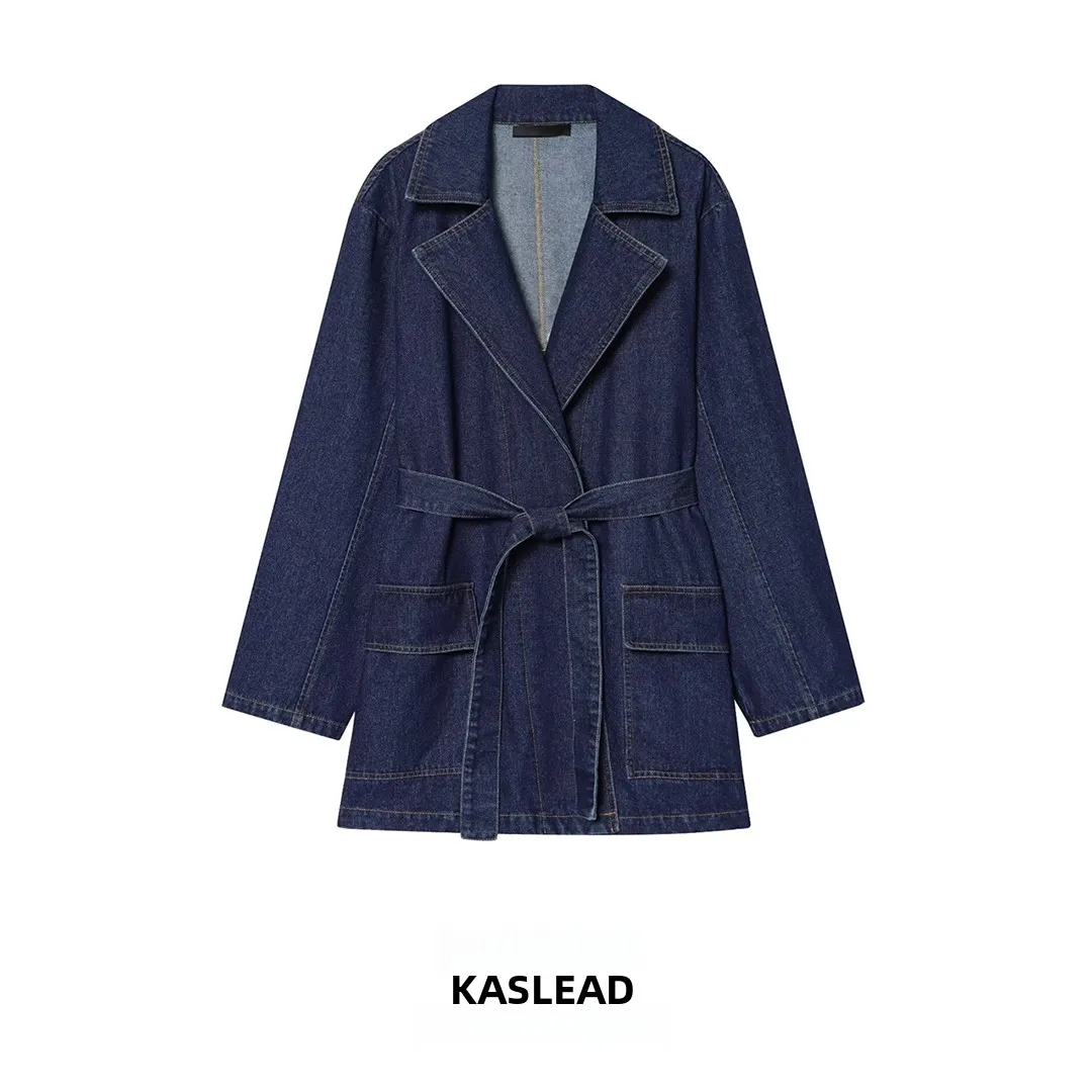 KASLEAD Neuer Damen Faionable Street Sle Midi-Mantel Dr. Jeansrock mit Gürtel, lang, lockere Passform, Ci Commuting Dr