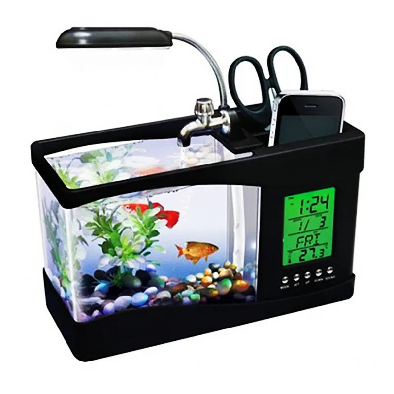 USB Mini Aquarium Pen Holder Combo with LED Clock Calendar Desk Lamp Office Gift