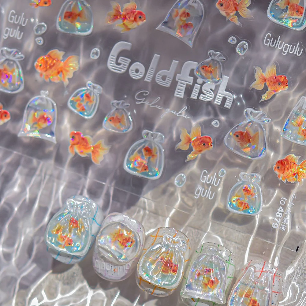 

5D Goldfish Plastic Bag Seahorses Jellyfish Starfish Shell Conch Koi Mermaid Water Bubble Star Carp Nail Art Stickers Decals