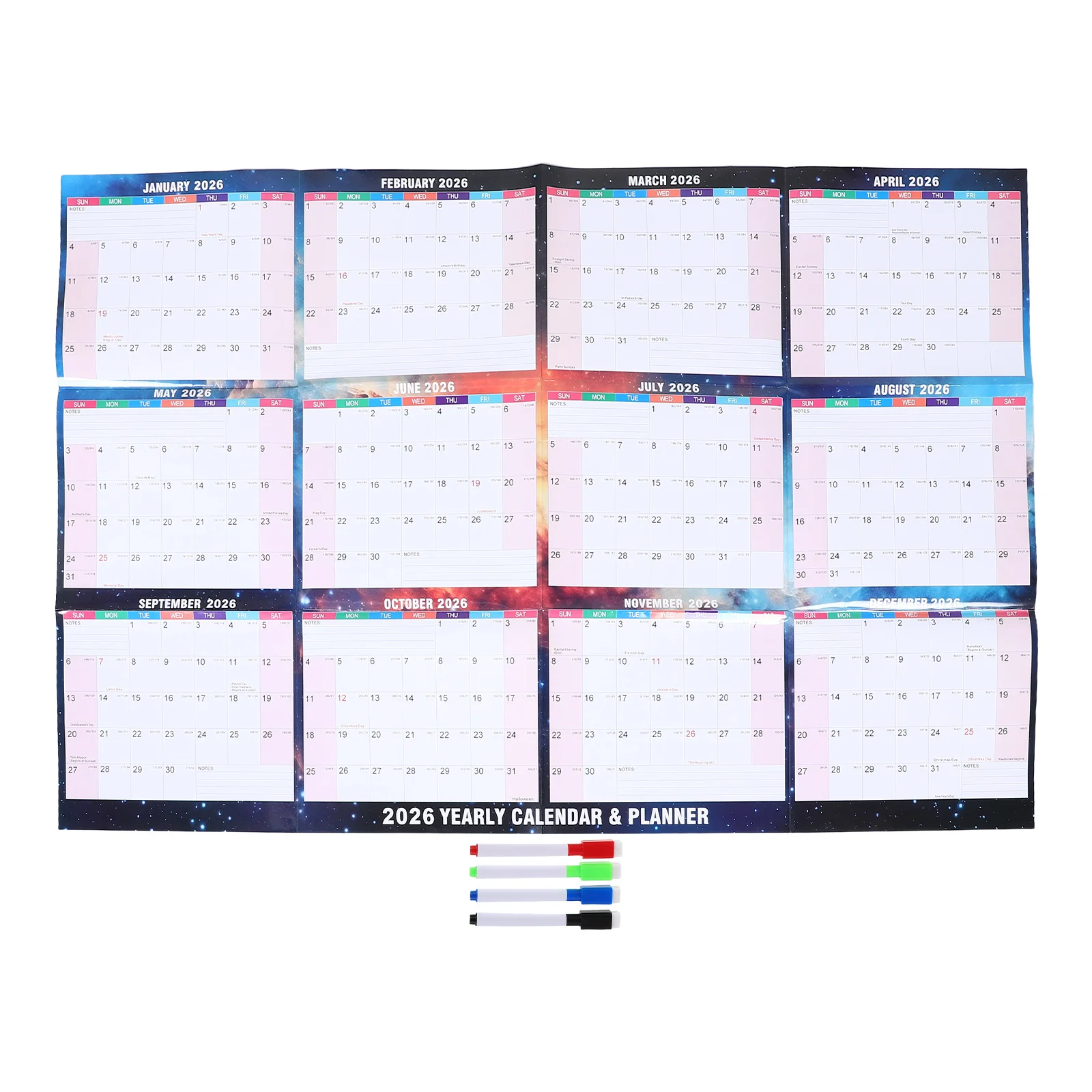 Kalendarz ścienny na rok 2026, dwustronny, wielorazowego użytku, z możliwością wymazywania, do planowania rocznego, do domu i biura.