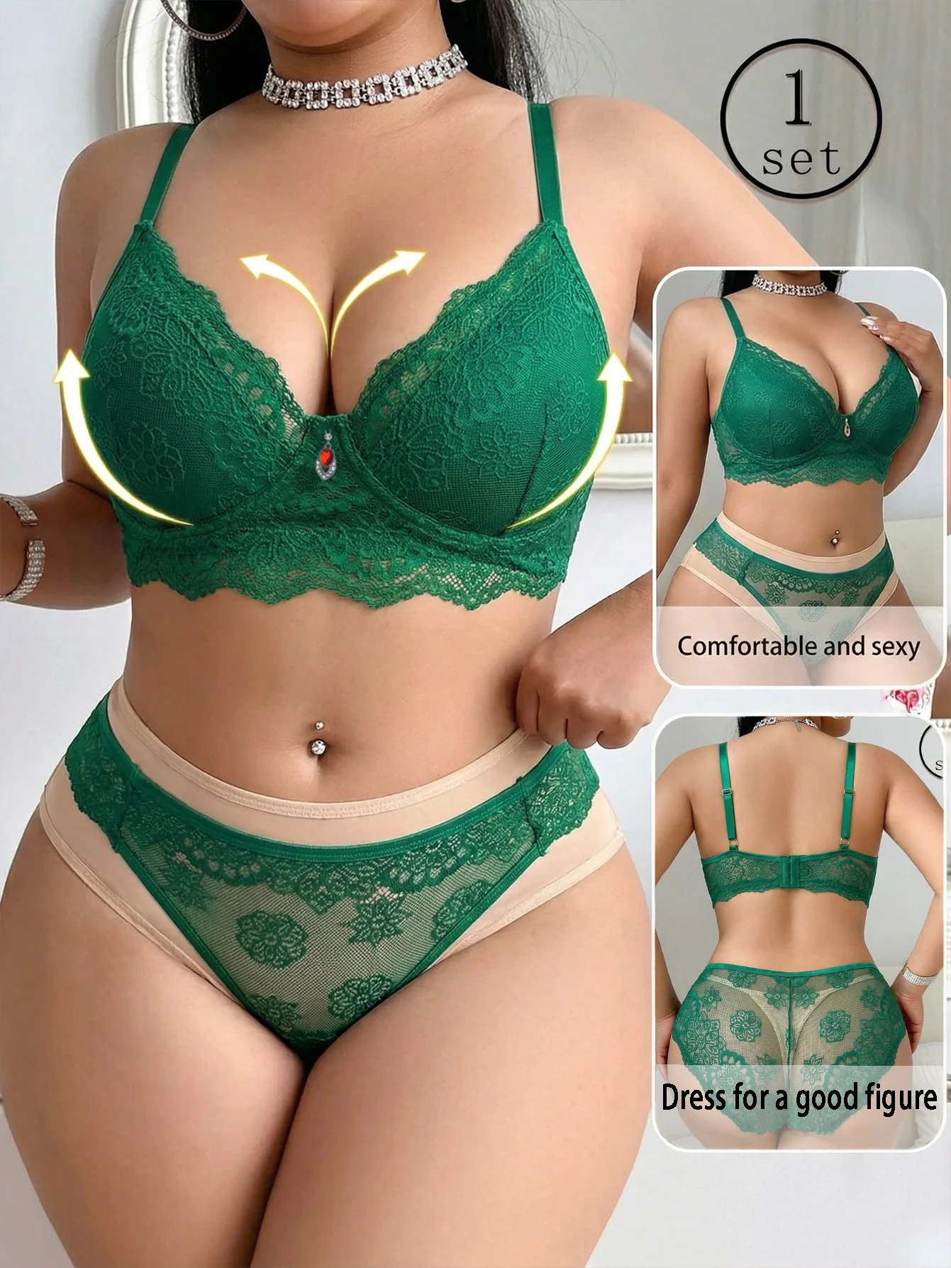 Plus Size Women's Sexy Green/black/red Lace Lingerie Set simple luxury curvy plus size  gordas 3XL/4XL/XXXXL,Bra,
