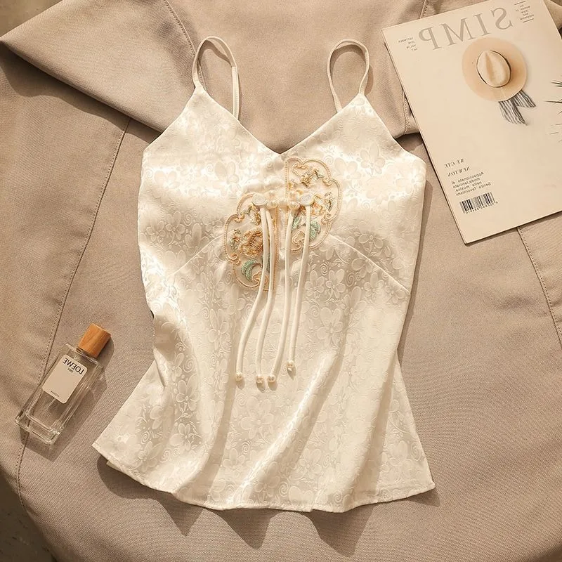 

Top Women Summer Designer Satin Spaghetti Strap Chinese-Style Embroidery Camisole Cropped Fitted New Minimalist Niche Versatile