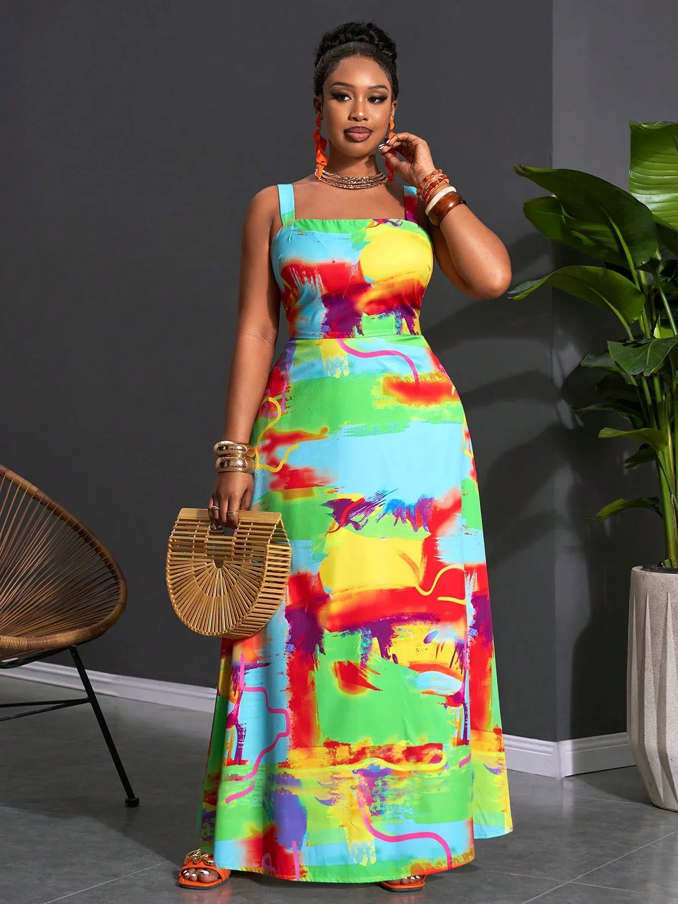 

Plus Size Color Block High Saturation Spaghetti Strap Loose A-Line Maxi Dress