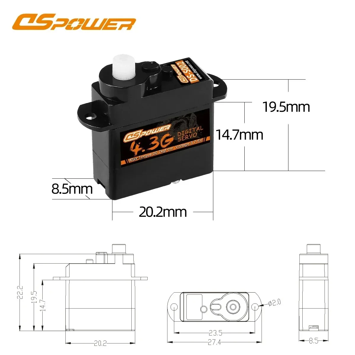 DSPOWER 4.3G Plastikowo-Metalowe Serwo Cyfrowe z Złączką JR/JST do Mini Samochodów RC, Samolotów Stałopłatowych, Helikopterów, Robotów i Akcesoriów do Zabawek