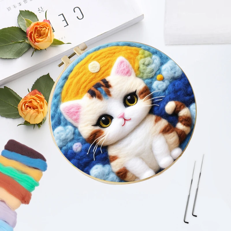 CHENISTORY Needle Felting Painting With Frame Kit For Beginner Cat Wool Felting Painting Handmade Felt Needles, Foam Pad,Cloth