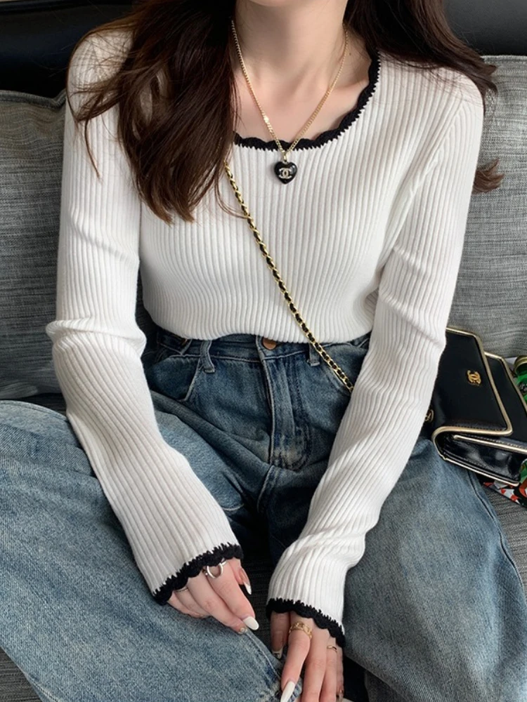 Mulheres costela malha superior com guarnição overlocked manga longa cabido pulôver camisola jumper topos outono inverno adolescente-menina malhas casuais