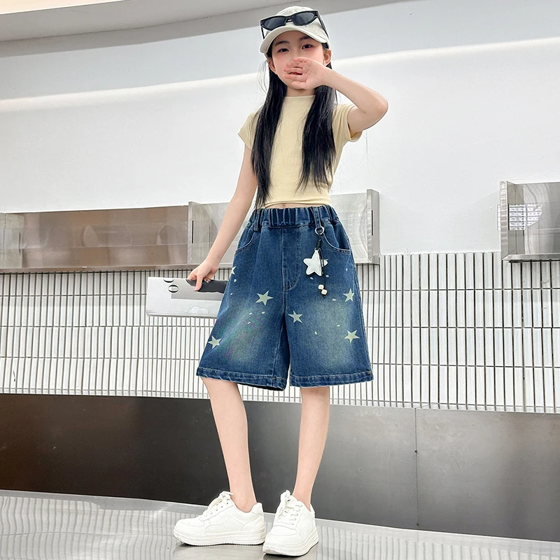 

2026 Children's Summer Printed Star Jeans Boys' Sports Shorts Spring and Autumn Girls' Jeans