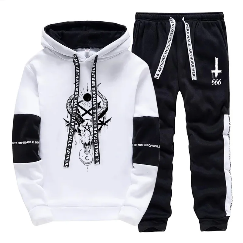 

Mens Satan 666 Print Hoodie Jogging Suit High Grade Sweatshirt Sweatpants Set Autumn Winter Casual Sportswear Two Piece Outfit