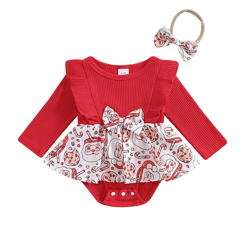 

Cathery Baby Girl Christmas Outfit, Printed Ruffle Trim Long Sleeve Romper Dress Bow Headband 2 Piece Set for Fall Winter