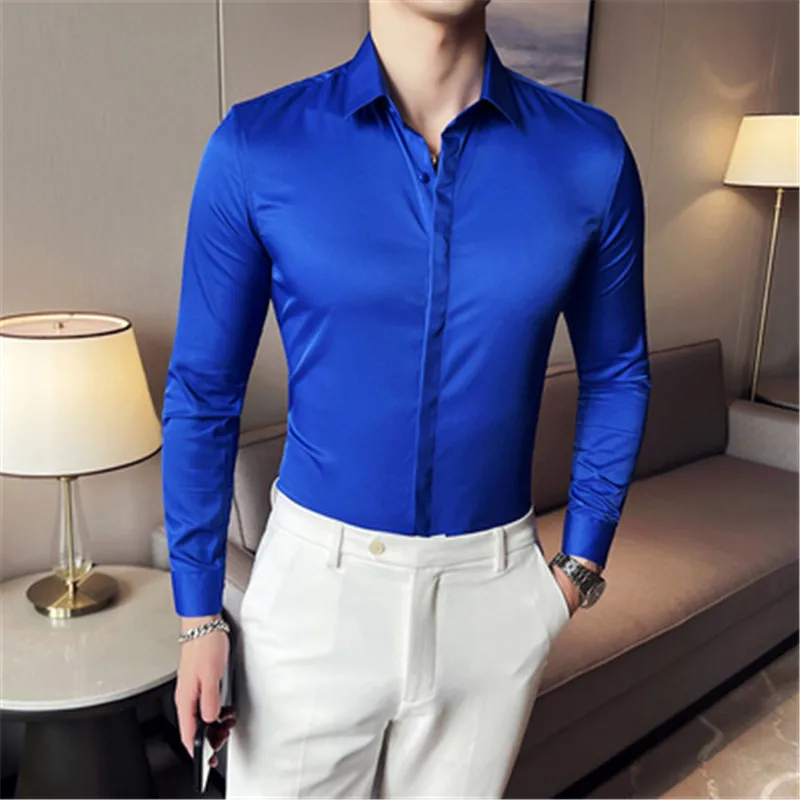 Wedding Dress Shirts Elegants Camisa Business Shirt Men Turn-Down Neck Long Sleeve Blouses Male Solid Color Men Clothing 2023