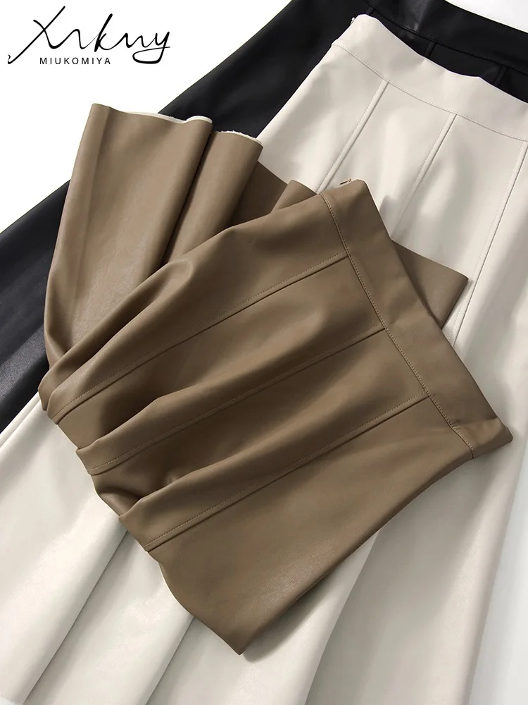 MiuKoMiYa Leather Skirts For Women Midi Luxury High Waist A Line PU Skirt Ladies Office Women\'s Midi Leather Skirt Spring