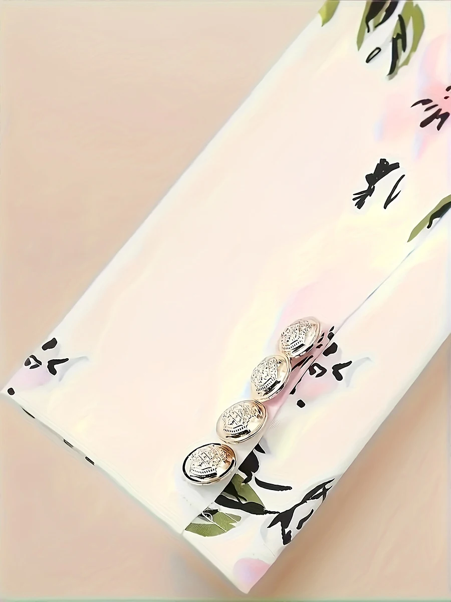 طقم بدلة كاجوال أنيقة بطبعة زهور، طقم مكون من قطعتين، بدلة مزدوجة الصدر بأكمام طويلة وتنورة ضيقة بالقلم الرصاص #6