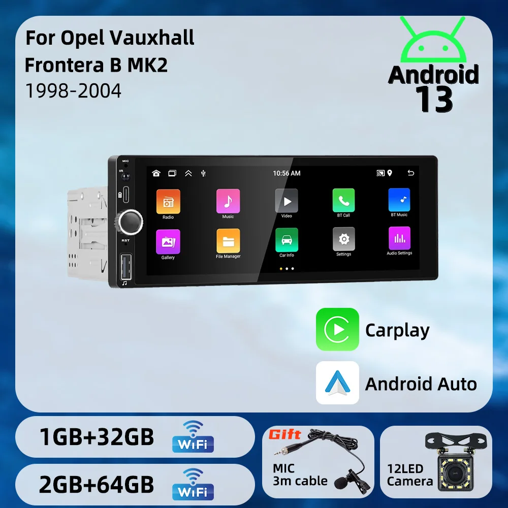

Автомагнитола 1 DIN с CarPlay и Android Auto, мультимедийная система Android для Opel Vauxhall Frontera B MK2 1998-2004, экран 6.86 дюйма, головное устройство стереосистемы