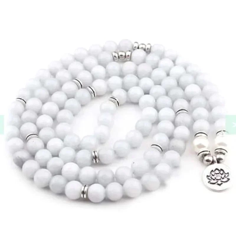 Matte White Black Yoga Bracelet For Men And Women Long Chain Lotus Flower Pendant Stretch Bead Bracelet Jewelry Gift