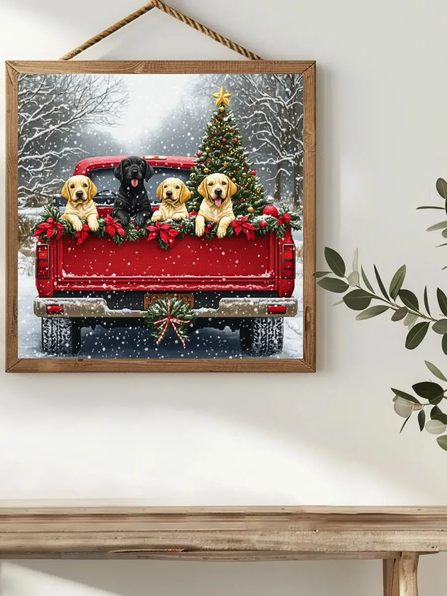 1 Stück 40X40CM/15,74 Zoll Der kleine Hund im Weihnachtsauto Gestempeltes Kreuzstich-Set DIY-Set 11CT/14CT Neuankömmling Joy Sunday – Detail 1