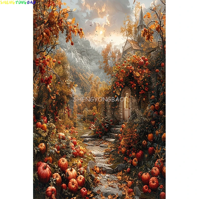 

Autumn Thanksgiving Day Photography Backdrops Fall Scary Pumpkin Barn Moon Halloween Day Party Castle Photo Background NG-55