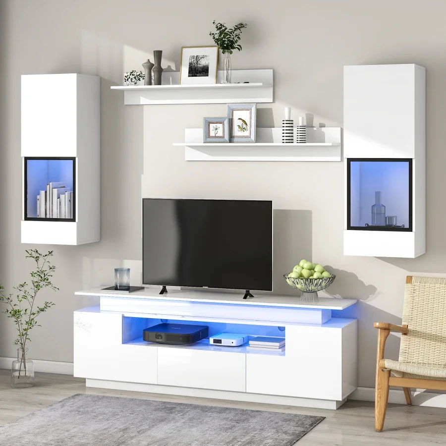 Floating TV Stand Set, High Gloss Wall Mounted Entertainment Center with 16-color LED Light Strips