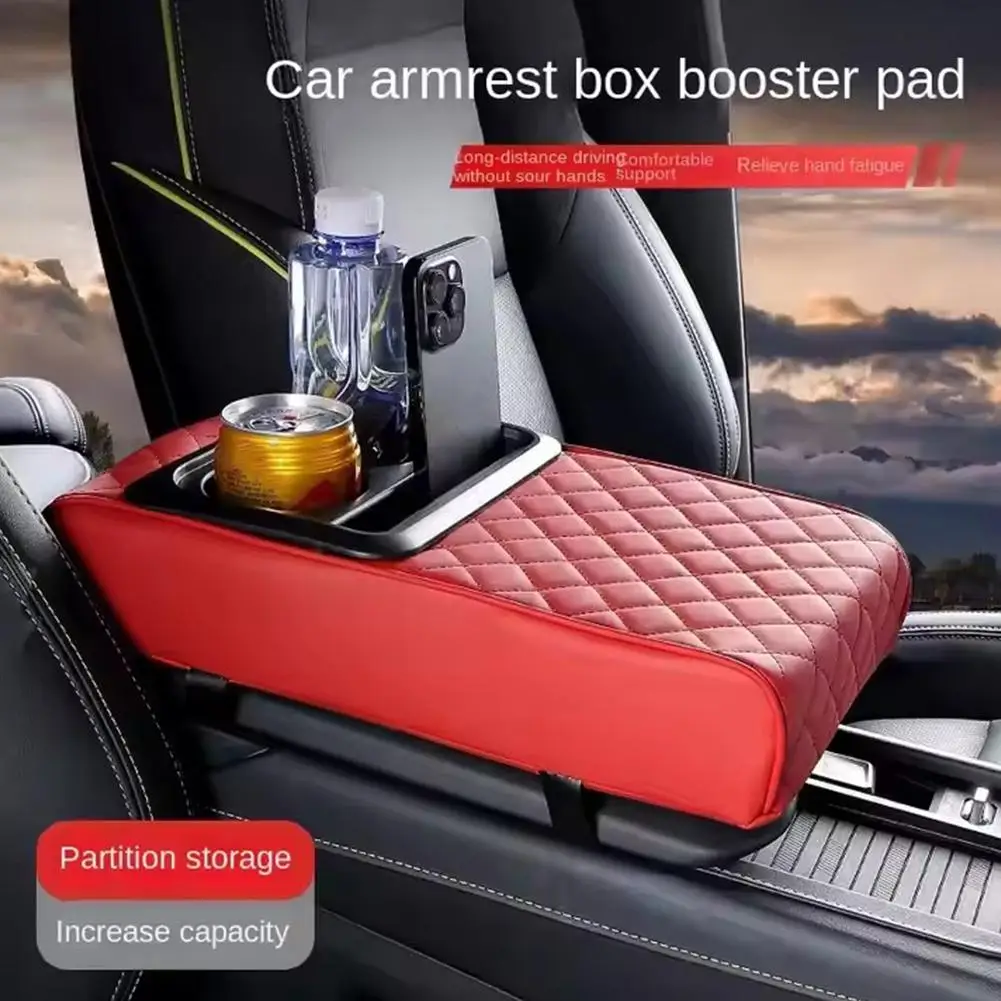 Car Armrest Console Extender with 2 Cup Holders Heightening Pad PU Leather Universal Auto Interior Storage Box Tissue Organizer