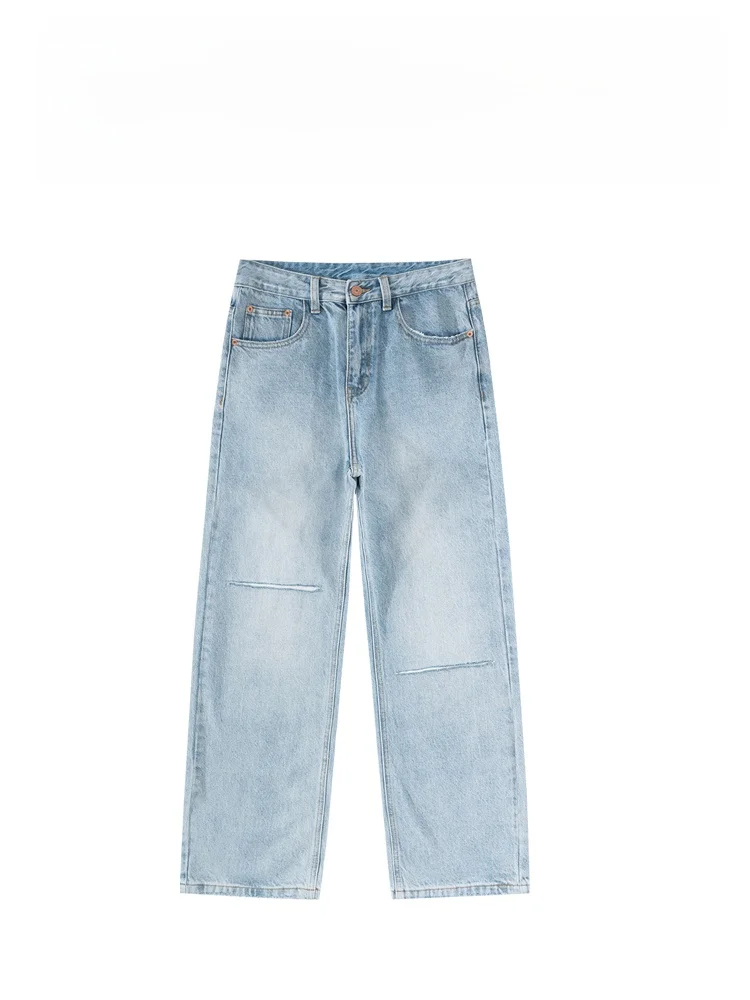 

Faionable Casual Hole Design Straight Leg Jeans Men's Cool High Street Lightweight Luxury Denim Pants Stand Fit mid Waist