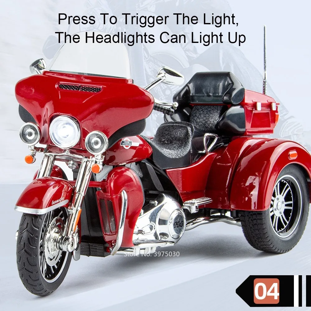 1/9 Three Wheeled Alloy Motorcycle Car Model Toy Sound Light Shock Absorption Front Wheel Steering Vehicles for Boys Collection