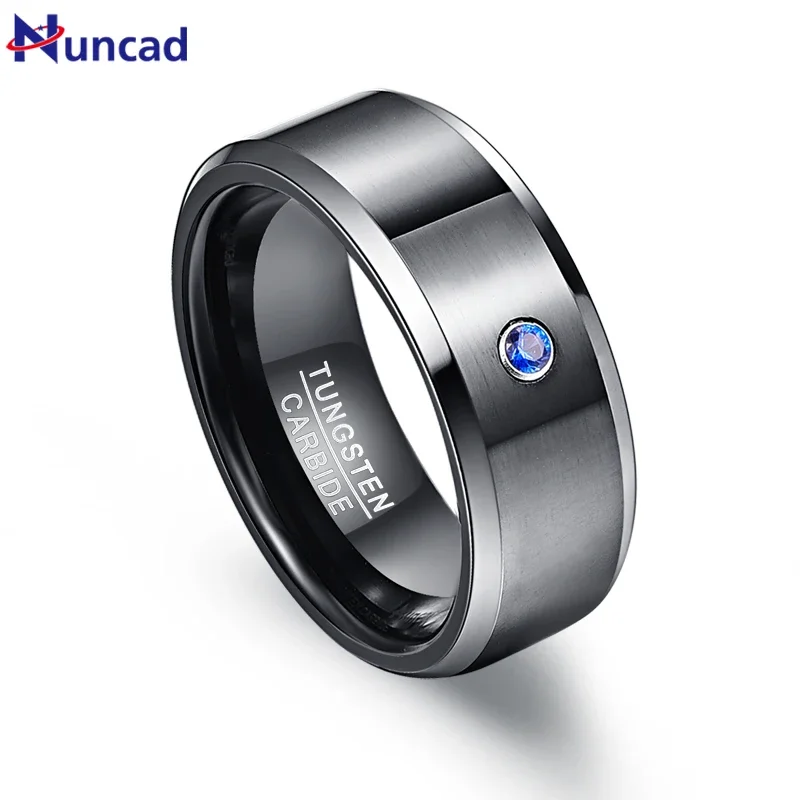 Nuncad Men's 8mm Tungsten Carbide Rings Black Brushed Blue Cubic Zirconia Tungsten Wedding Band Rings Polished Beveled Size 7-12