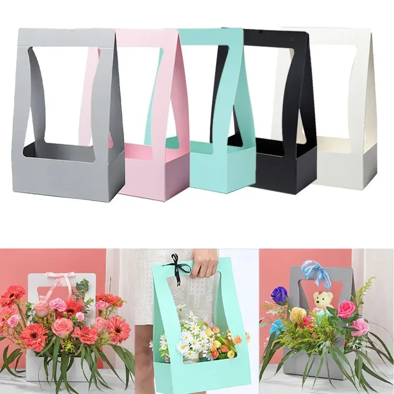 5pcs Portable Flower Box Valentine's Day Bouquet Gift Box Florist Folding Floral Bouquet Basket Waterproof Flower Carrier Bag