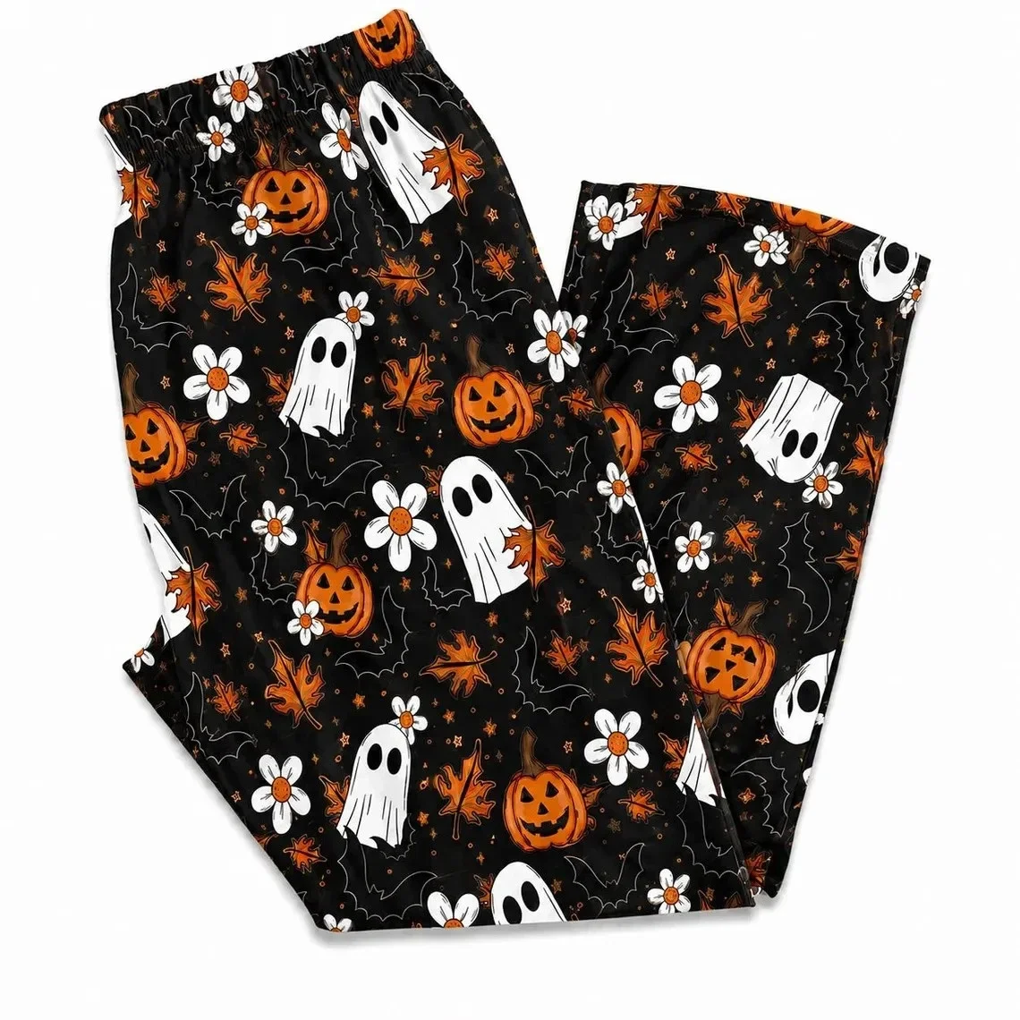 Retro-Halloween-Schlafanzug mit Gänseblümchen-, Ahornblatt- und Fledermaus-Motiven, lustigem kleinen Teufel-Kürbismuster, locker geschnittene und bequeme Hose – Detail 3