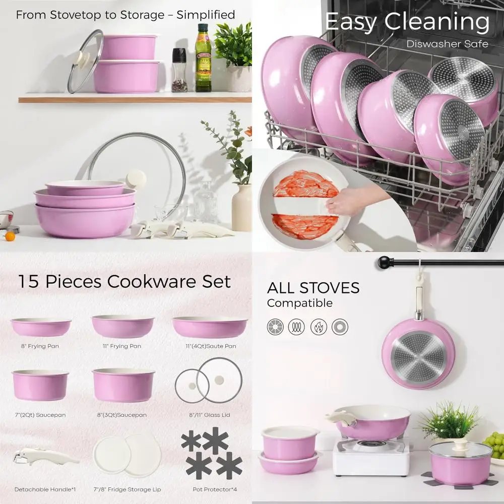 

Набор посуды из 15 предметов с антипригарным покрытием, со съемными ручками, складной, подходит для духовки и индукционных плит, розовый