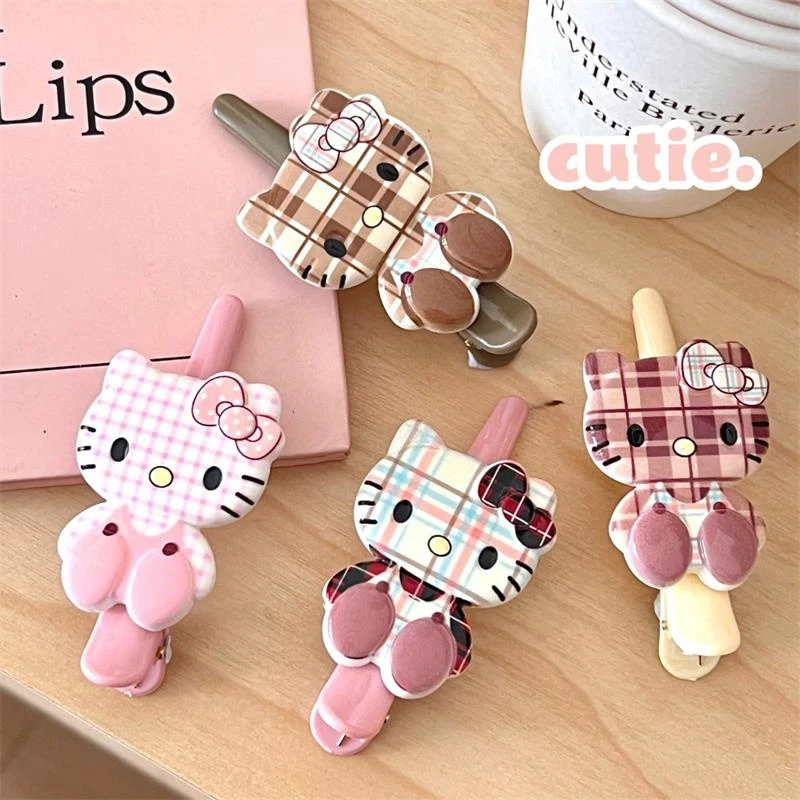 New Cute Cartoon Sanrio Checked Hello Kitty Hair Clip Girly Heart Bangs Side Clip Sweet Fashion Hair Accessories Headdress Gifts