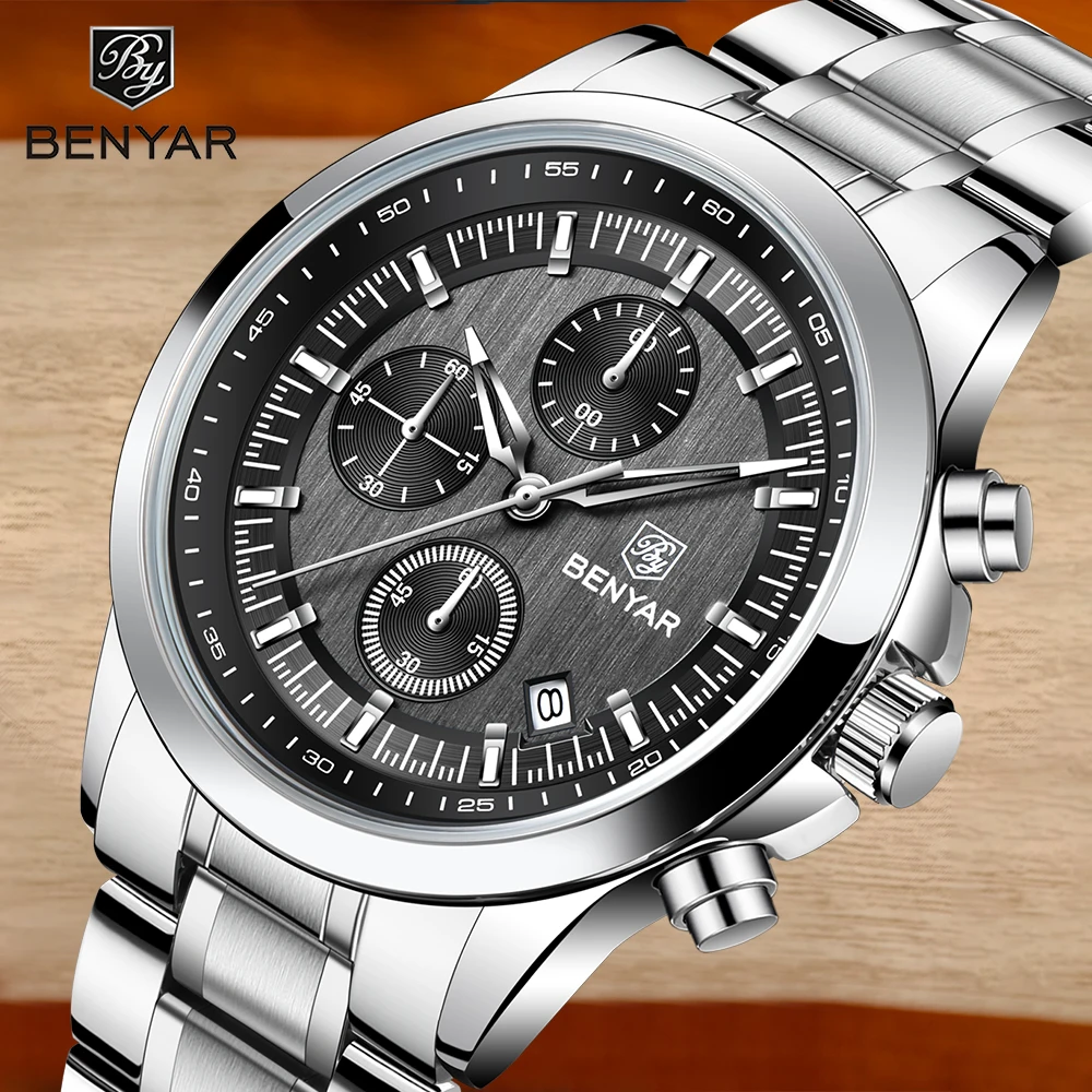 BENYAR 2026 New 40MM Men's Quartz Watch 50M Waterproof Automatic Diving Watch Luxury Fashion Men's Stainless Steel Watch
