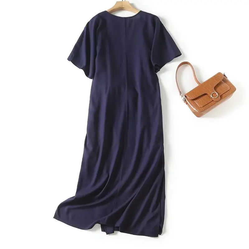 Withered French Fashion Clothing Moroccan Style Navy Blue V-neck Loose Holiday Dress Elegant Retro Linen Sashes Dress For Women