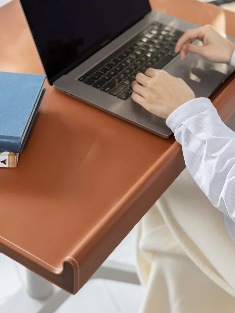 Mobile lifting desk gold brown saddle leather writing desk computer desk metal bracket