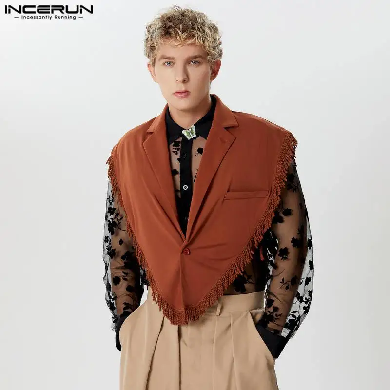 INCERUN Tops 2024 Stylish Men's Side Strap Short Tassel Silhouette Vests Streetwear Male Solid All-match Lapel Waistcoats S-5XL