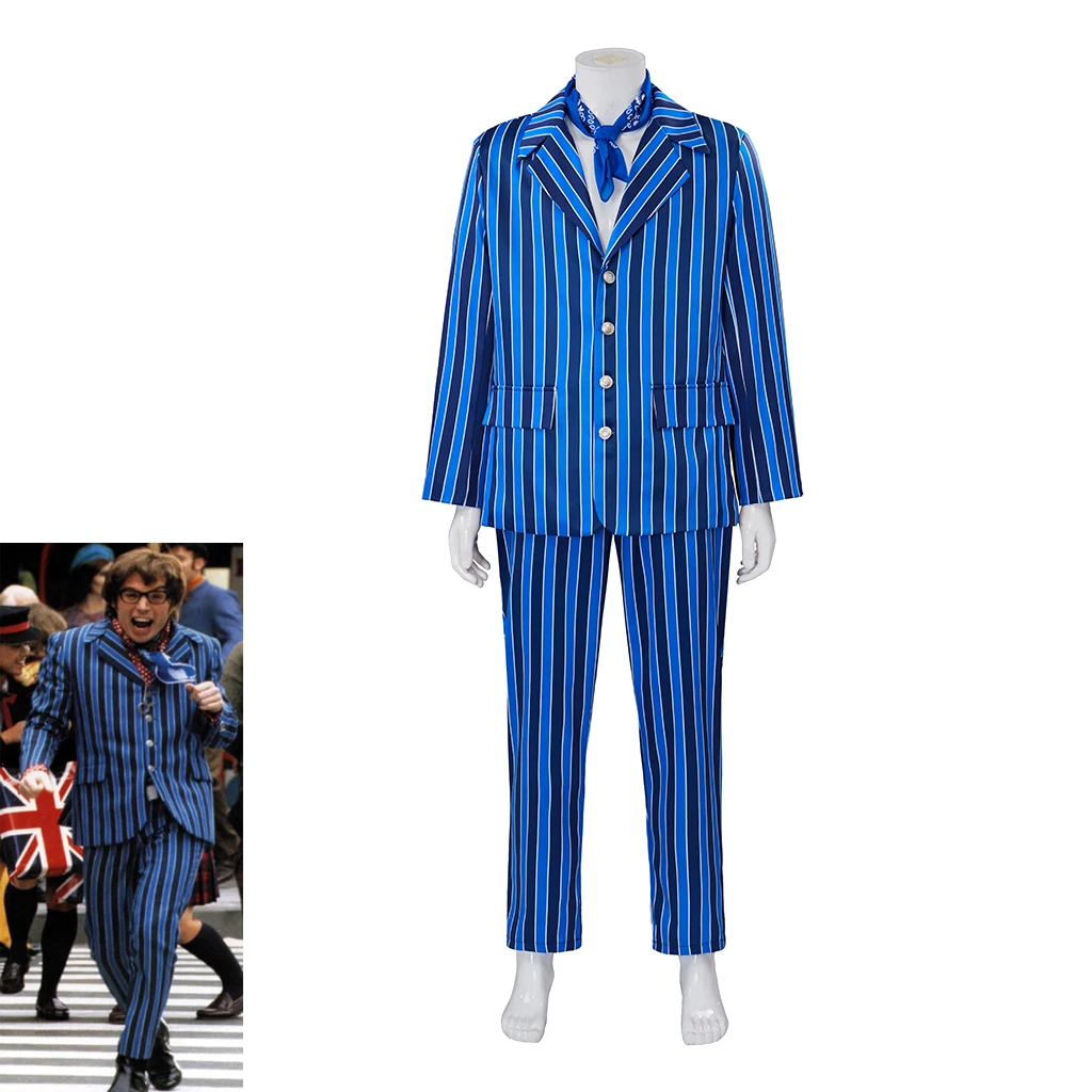 Austin Powers Costume Men Cosplay Blue Striped 1970s Retro Disco Costume Leisure Suits 60s Swinger Costume Party Outfit Adult