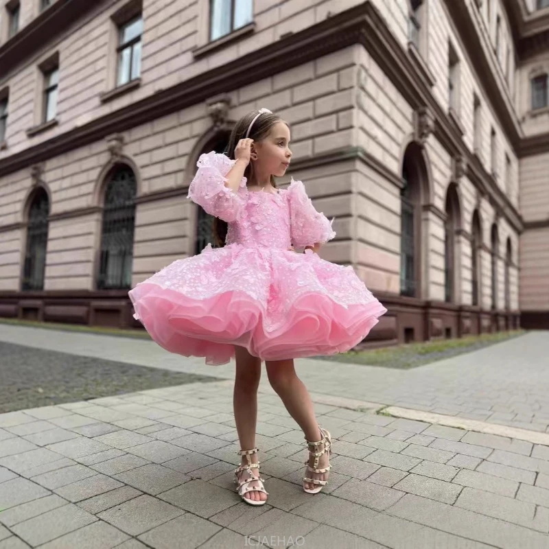 

New Girls Puffy Dress Kids Party Gown Bubble Sleeves Girl Outfit Formal Wear Princess Dress Birthday Pageant Tutu Skirt Flower