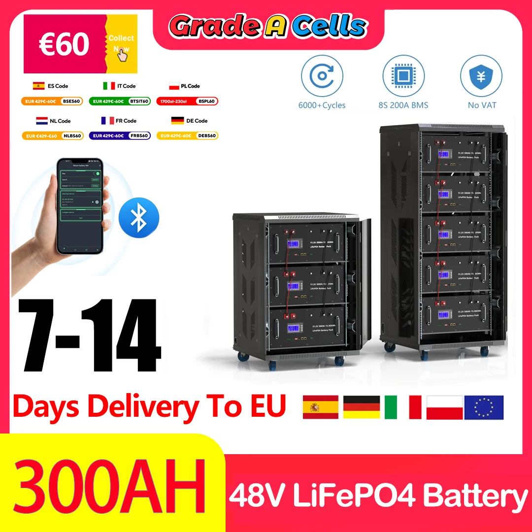 

LiFePO4 48V 300Ah 15KW Battery 51.2V 100Ah 200Ah 5KW Bluetooth 16S 200A BMS CAN RS485 ＞6000 Cycles For Solar- From EU No Tax