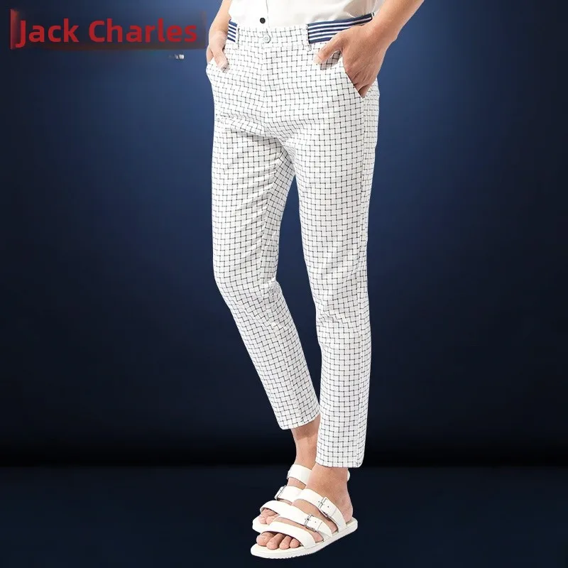 

Summer Thin Faion Plaid Men's Slim Fit Casual Pants Korean Version Straight Leg Nine Points Trendy Youth Active Sle Jeans