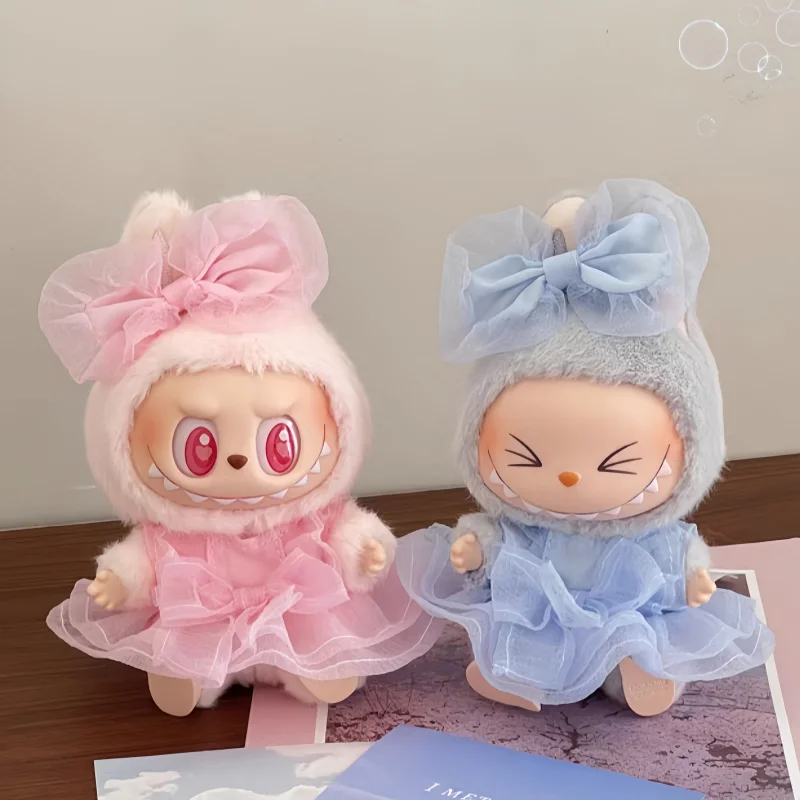 New Arrival Labubu Generation 1 And 2 Pink And Blue Chiffon Dress Set Andcute Fisherman Hats Doll  For Girls Cute Birthday Gifts