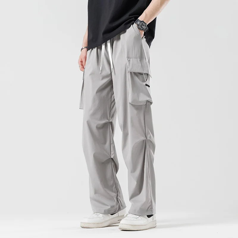 

Men's Clothing Spring Autumn Cargo Straight Drawstring Trousers Solid Color Elastic High England Style Pockets Commuter Pants