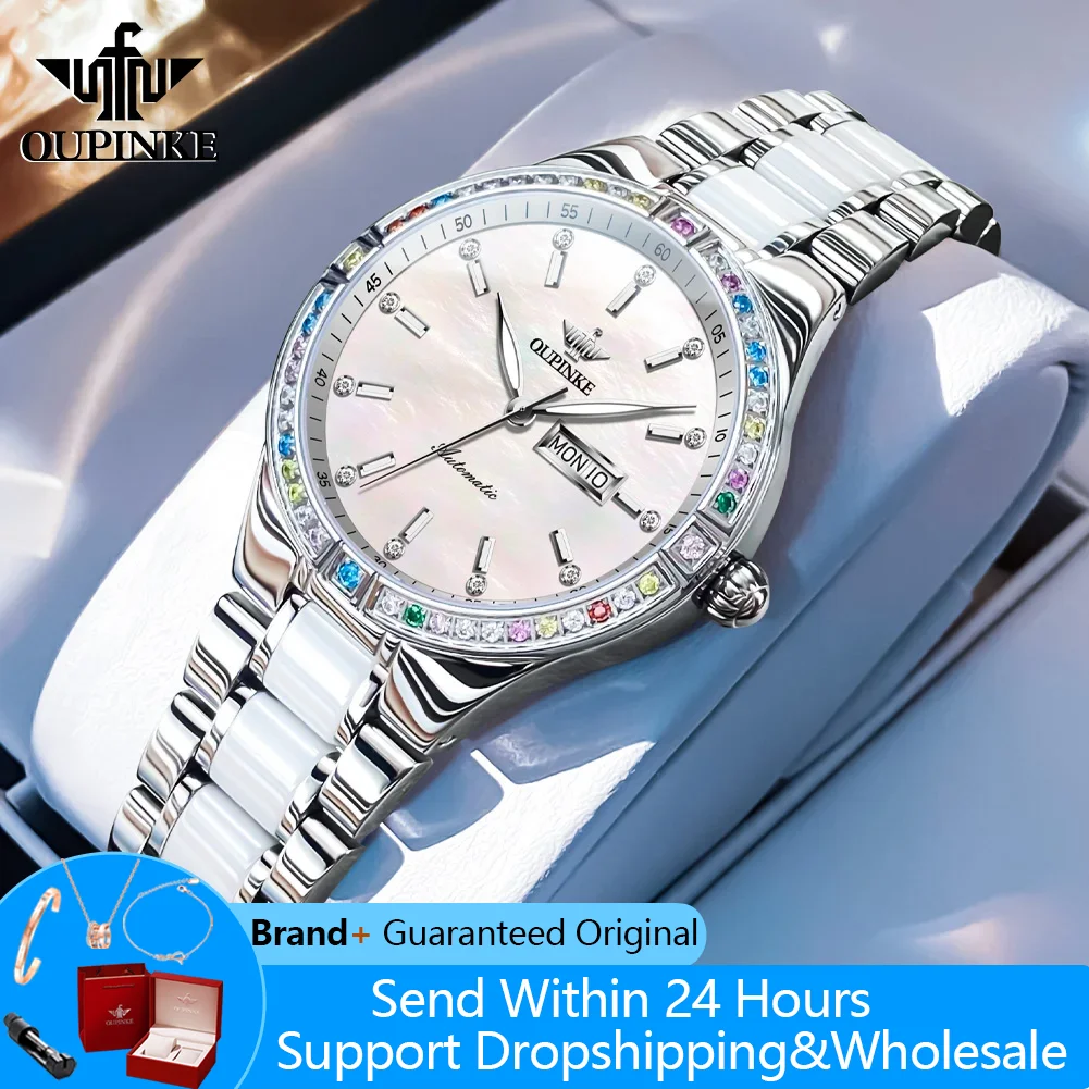 

OUPINKE 3283 Women's Watch Luxury Dual Calendar Automatic Watch For Women Waterproof Mechanical Wristwatch Ceramic Steel Strap