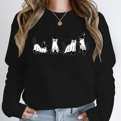 Autumn Sweatshirt Hoodie Women Halloween Ghost Cat Graphic Sweatshirt Female Cat Lover Hoodies Ghost Cats Halloween Sweatshirts