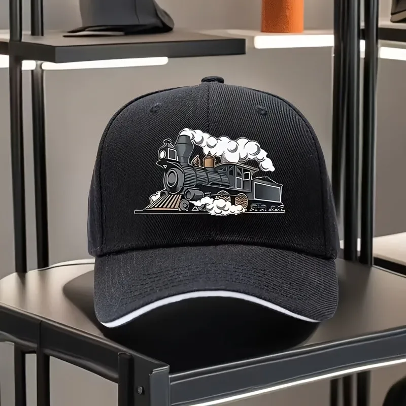 Steam Train Graphic Baseball Cap Unisex Polyester Adjustable Snapback Outdoor Casual Curved Brim Hat