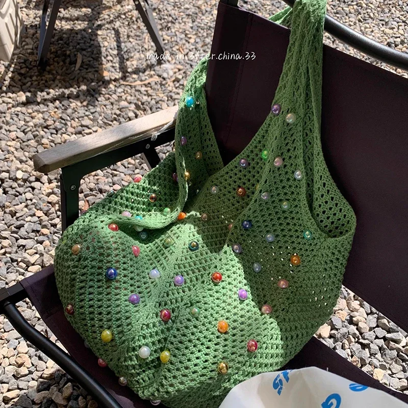 Large Lazy Beach Vacation Hand Bags for Women Fairy Hollow Knitted Handmade Straw Shoulder Bag  Summer Pearl Underarm Straw Bag