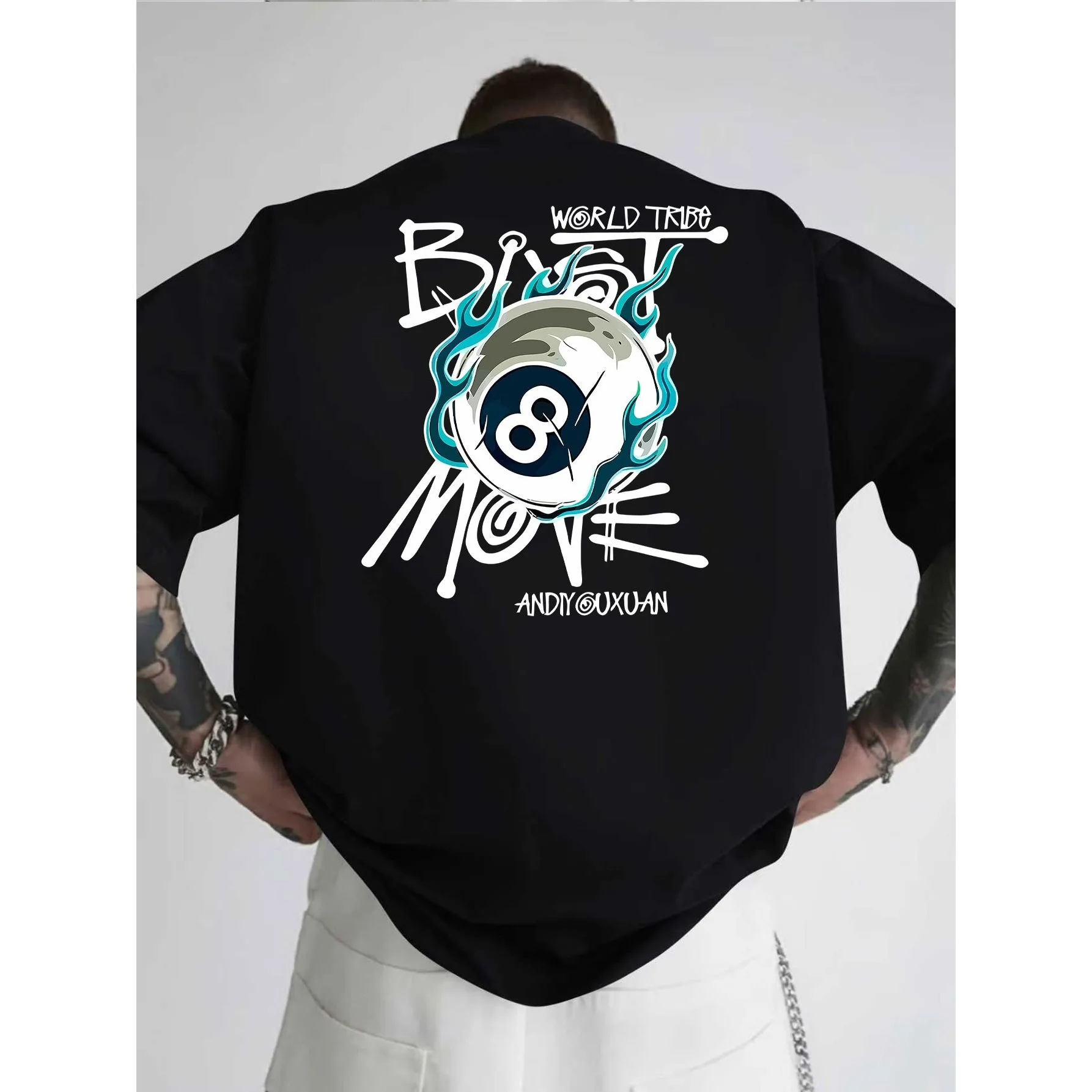 Lucky 8 Ball Graphic Tee Men's Cotton Crewneck T-Shirt Blue Fire Graffiti Hip Hop Streetwear Top