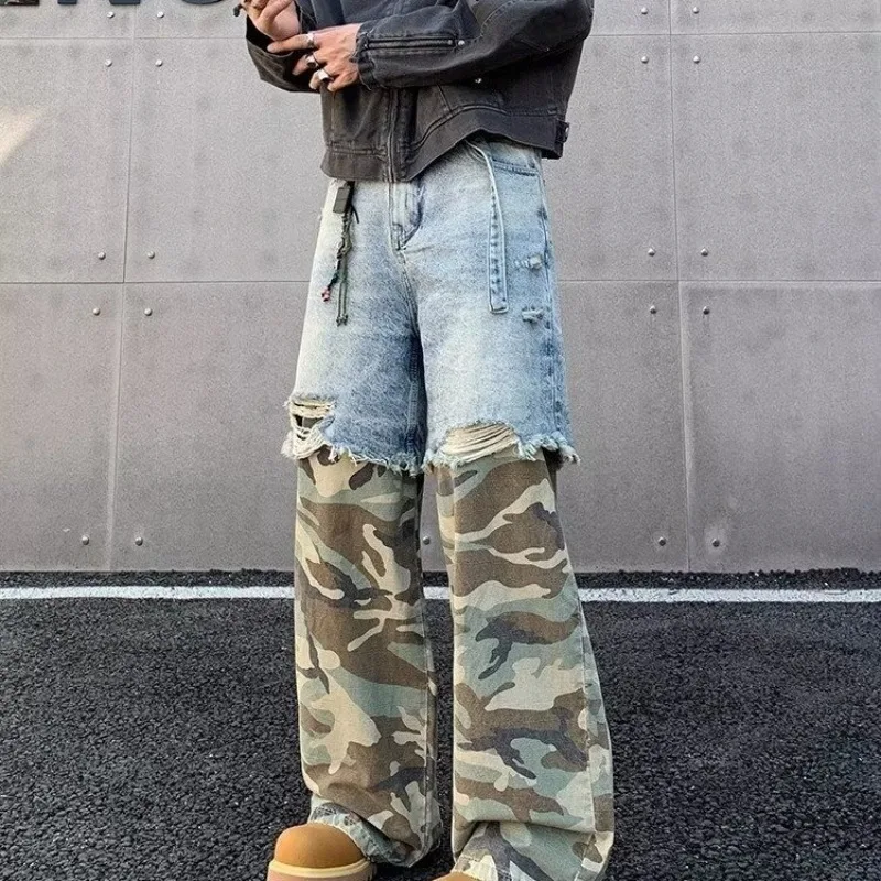 Men High Street Patchwork Camouflage Jeans Straight Trousers Fake Two Pieces  Aged Patchwork Hip Hop Trendy Personalized