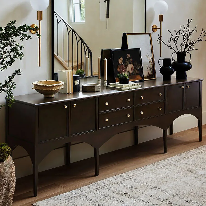 خزانة الشرفة الفرنسية، خزانة تلفزيون من الخشب الصلب، خزانة تخزين أرضية سوداء قديمة، درج، خزانة ديكور للحائط